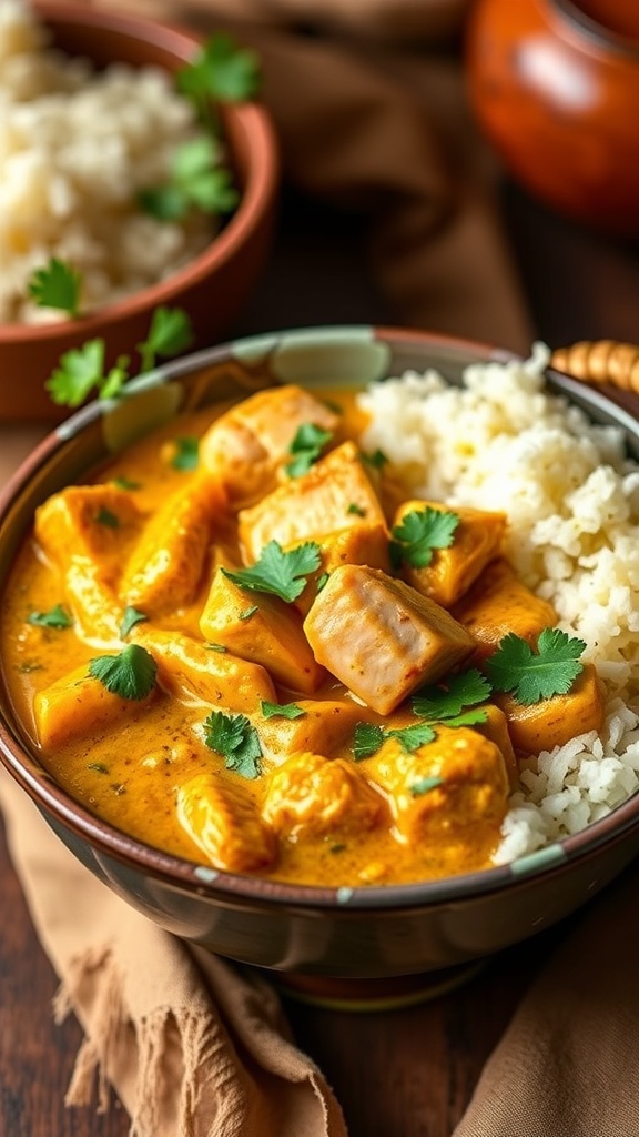Zero Carb Indian Chicken Curry Recipe A bowl of zero carb Indian chicken curry with chicken pieces in coconut sauce, garnished with cilantro, alongside cauliflower rice.